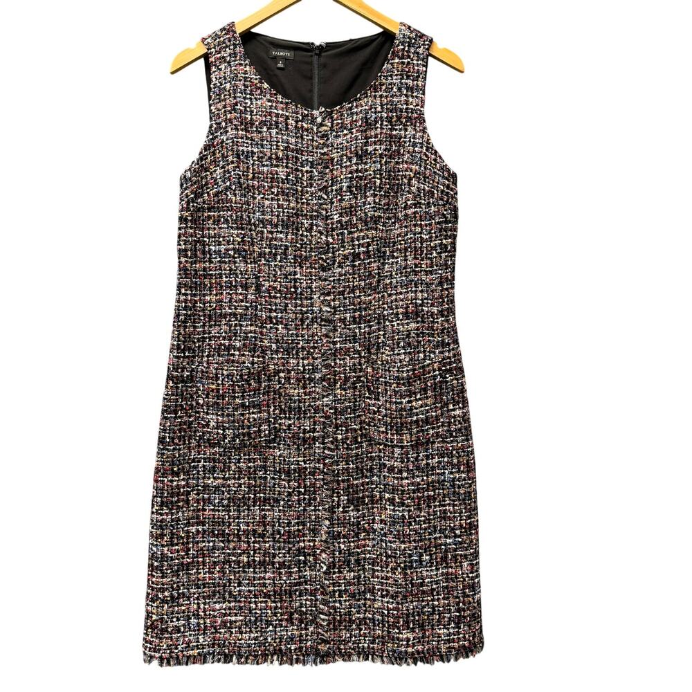 Talbots Sheath Dress Womens 8 Black Multi Fringe Tweed Knee Length Zip Up